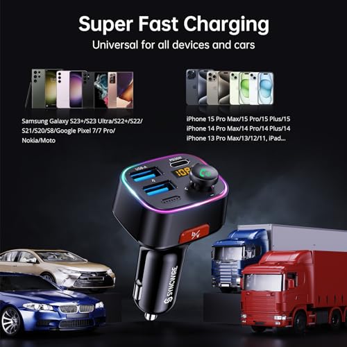 Syncwire Bluetooth 5.4 FM Transmitter Car Adapter 48W (PD 36W & 12W) [Light Switch] [HiFi Bass Sound] [Fast Charging] Wireless Radio Music Adapter LED Display Hands-Free Calling Support USB Drive - color: Black, style: 48W