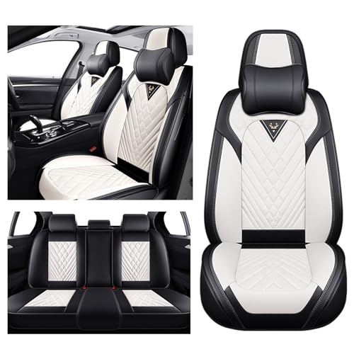 Car Seat Covers for Kia Sportage 2002-2026, Waterproof Nappa Leather Full Set Seat Cover with Headrests, Anti-Slip and Comfortable Automotive Seat Protector&Accessories(Black White) - color: Black White, size: Full Set with Headrests