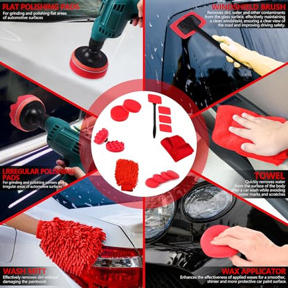 35Pcs Car Detailing Kit & Car Cleaning Kit – Windshield Tool, Long Wheel Brush & 2 Angled Brushes, 4 Polishing Pads & 4 Wax Pads – Red Tool Box – Gift for Men (B：35PCS-R)