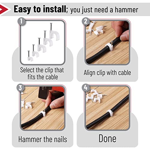 Bates Cable Clips with Steel Nails - White, 360 pcs, 4mm-10mm, Universal Cable Clips - color: White, size: 4-10mm