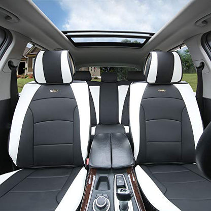 FH Group Ultra Comfort Highest Grade Faux Leather Full Set Cushion Pads Car Seat Covers for Front and Rear– Universal Fit for Cars Trucks & SUVs (White/Black) - color: White, style: Full Set