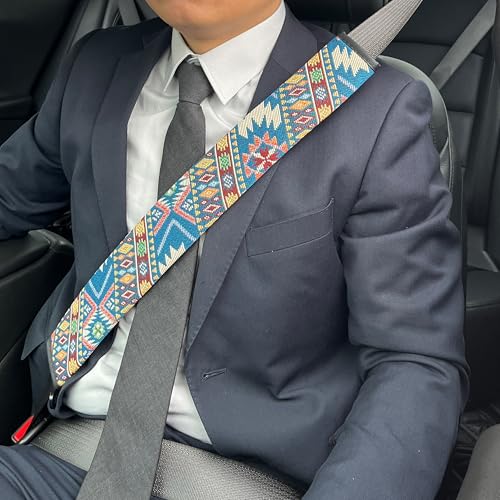 Boho Long Car Seat Belt Covers 2PCS – 19.6" Extended Linen Shoulder Pads for Light Interior Cars, Soft Sapphire Blue Seatbelt Cushion, Universal Fit SUV Sedan Truck, Interior Accessories - color: sapphire blue