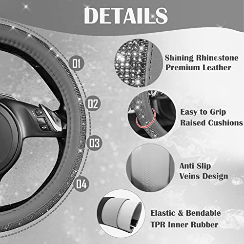 CAR PASS Bling Diamond Leather Steering Wheel Cover, with Bling Sparkly Crystal Glitter Rhinestones Universal Fit 14" 1/2-15" Car Wheel Protector for Women Girl Fit Suvs,Vans,Sedans,Cars,Trucks, Gray - color: Gray Diamond