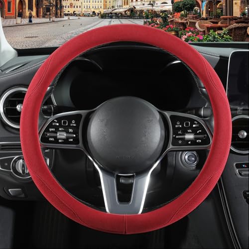 Red Suede Steering Wheel Cover, Breathable Non-Slip Sweat-Proof Wear-Resistant No Pilling, Warm in Winter and Cool in Summer, Universal 15 inch - color: Red, size: Round-M[14.5''-15'']