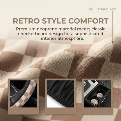 Checkered Brown Steering Wheel Cover - Universal 14-15 Inch Anti-Slip Breathable with 2 Pcs Car Coasters Suitable Men Women Checkered Car Wheel Cover Accessories - color: Checkered K