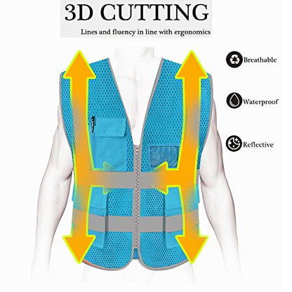 HYCOPROT High Visibility Mesh Safety Reflective Vest with Pockets and Zipper, Meets ANSI/ISEA Standards - color: Skyblue, size: X-Large