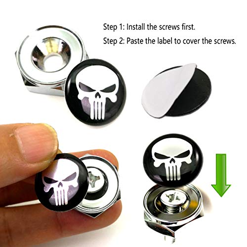 Aootf License Plate Screw Bolt Caps- Logo Billet Metal Car License Plate Bolts Frame Screw Cover with Black Skull Sticker, License Plate Frame Security Fastener Kit with Anti-Rattle Foam Pads - color: Skull Screws