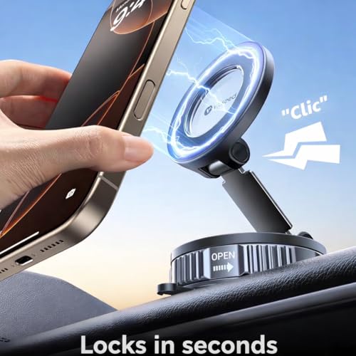 Magnetic Phone Car Mount with Suction Cup Base, 360° Rotation, Dashboard and Windshield Holder for iPhone and Android