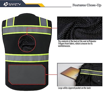JKSafety Hi-Vis Unisex Surveyor Safety Vest Heavy Duty PPE Inner Pockets ANSI/ISEA Compliant - color: 188-black, size: X-Large
