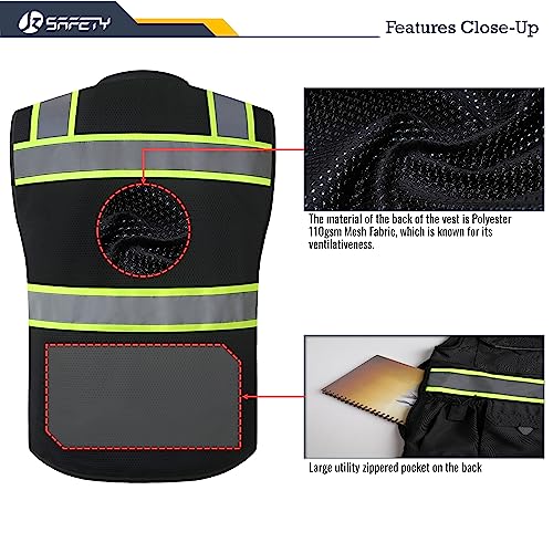 JKSafety Hi-Vis Unisex Surveyor Safety Vest Heavy Duty PPE Inner Pockets ANSI/ISEA Compliant - color: 188-black, size: 5X-Large
