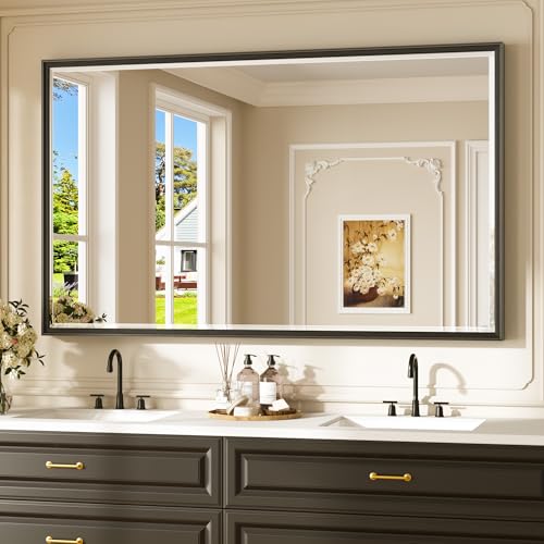 Keonjinn 60" x 36" Oversize Black Bathroom Vanity Mirror, Safe Beveled Tempered Glass, Decorative Aluminum Alloy Frame, Rustproof, Black Bathroom Mirrors for Over Sink, Modern Rectangle Wall Mirror - color: Black, size: 36"L x 60"W