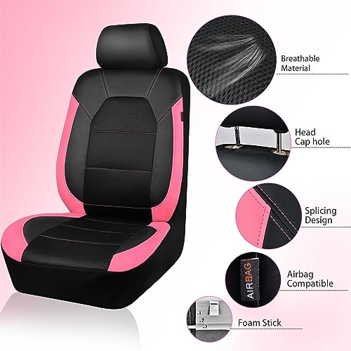 CAR PASS Leather Seat Covers, Breathable Universal Car Seat Cover Full Set for Cute Women Girly,Super 5mm Composite Sponge Inside,Airbag Compatible fits Most Auto,SUVs,Trucks,Vans(Black&Pink) - color: Black&Pink, size: Full Set