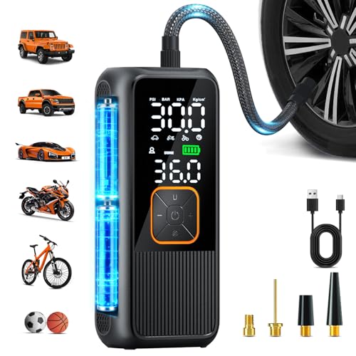Tire Inflator Portable Air Compressor, 150 PSI Rechargeable Air Pump with Digital Pressure Gauge and LED Light, Smart Auto-Off Tire Pump for Car, Motorcycle, Bike, Ball