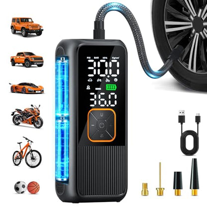 Tire Inflator Portable Air Compressor, 150 PSI Rechargeable Air Pump with Digital Pressure Gauge and LED Light, Smart Auto-Off Tire Pump for Car, Motorcycle, Bike, Ball