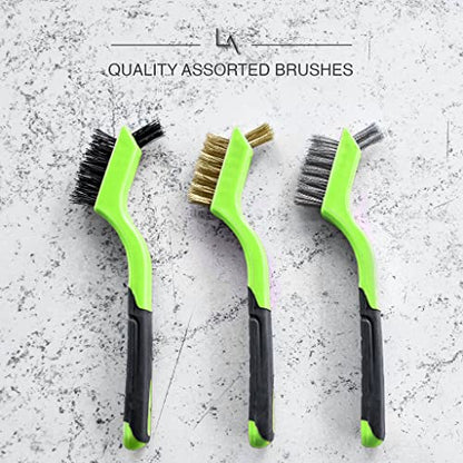Lavaxon Wire Brush Set 3Pcs - Nylon/Brass/Stainless Steel Bristles with Curved Handle Grip for Rust, Dirt & Paint Scrubbing with Deep Cleaning – 7 Inches (Green) - color: Green