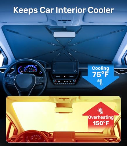 Zanch 2025 Upgraded Car Windshield Sun Shade [Cool Down by 75℉ ] with Heat Insulation Coating, Foldable Sunshade Umbrella Flexible Handle & Ribs, Medium (57''x32'') for Car, SUV, Truck, Van - size: Medium 57''x32''