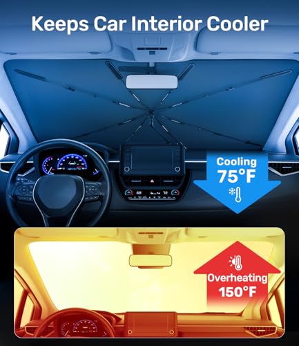 Zanch 2025 Upgraded Car Windshield Sun Shade [Cool Down by 75℉ ] with Heat Insulation Coating, Foldable Sunshade Umbrella with Flexible Handle & Ribs, Small (29''x53'') for Compact Cars, SUVs - size: Small 53''x29''