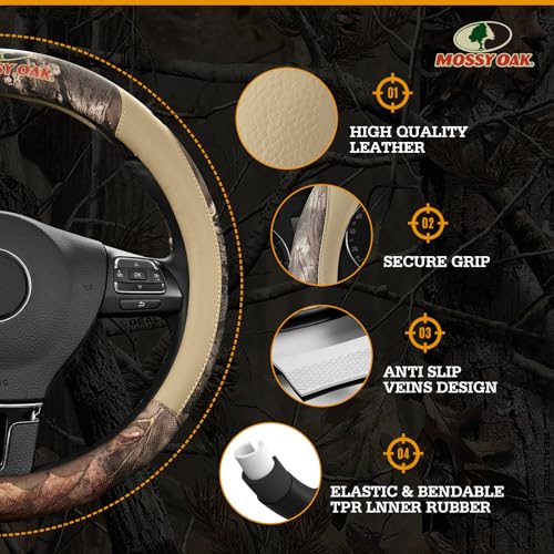 Mossy Oak Full Camo Steering Wheel Cover - Made from Premium Leather, Universal Fit for 14 1/2 to 15 inches - Official Licensed Product - Beige Color - color: Beige