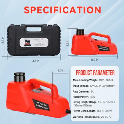 Trihelper Electric Car Jack 5 Ton 12V Hydraulic Jack Portable Car Lift Floor Jack Stand for Sedans SUV MPV Sedan Truck Change Tires Garage Repair Roadside Emergency Kit - color: Red Jack Only