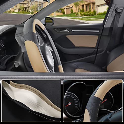 SEG Direct Car Steering Wheel Cover for Prius Civic Model 3 Model Y Camaro, Small Size 14-14.25 inch, Black and Beige Microfiber Leather - color: Black and Beige, size: Small size[14''-14 1/4'']