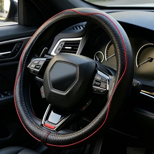 LABBYWAY Microfiber Leather Steering Wheel Cover, Universal 14.5-15 Inch,Anti Slip,Heavy Duty, Thick,Soft,Breathable Car Interior Accessories for Men Women (Black with Red line) - color: Black with Red Line