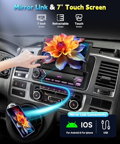7 inch Single Din Flip Out IPS Touchscreen Car Stereo, 1 Din Car Stereo with Bluetooth Car Audio Receivers, Backup Camera, FM Radio/Mirror Link/USB/AUX/TF/Type-C Fast Charging - style: 7 inch+Mirror Link