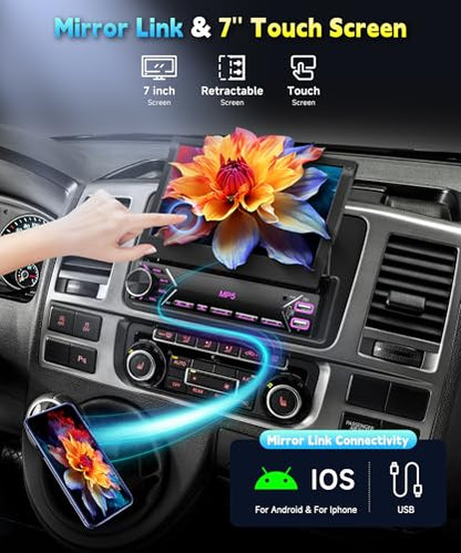 7 inch Single Din Flip Out IPS Touchscreen Car Stereo, 1 Din Car Stereo with Bluetooth Car Audio Receivers, Backup Camera, FM Radio/Mirror Link/USB/AUX/TF/Type-C Fast Charging - style: 7 inch+Mirror Link