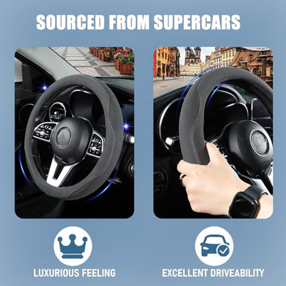 Pink Suede Steering Wheel Cover, Breathable Non-Slip Sweat-Proof Wear-Resistant No Pilling, Warm in Winter and Cool in Summer, Universal 15 inch - color: Pink, size: Round-M[14.5''-15'']