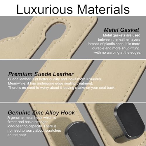Purse and Bag Hook for Car, Zinc Alloy Seat Headrest Hooks, Upgraded Leather Car Seat Back Purses Hanger and Bags Holder (Beige, 2Pack) - color: Beige