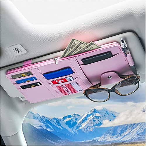 XINLIYA Car Sun Visor Organizer, Leather Storage Pocket Sun Visor Pouch with Zipper for Cards License Registration Pen Glasses Document, Fits Most Car SUV, Auto Interior Accessories (Pink) - color: Pink