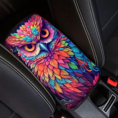 Modysero Cool Print Dustyproof Univerasl Fit and Soft Car Armrest Pad Aesthetics Colorful Feather Owl Armrest Cover Interior Decoration for Cars Truck SUV Sedan - color: aesthetics colorful feather owl