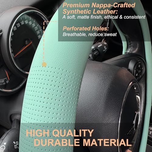 PINCTROT Nappa Leather Steering Wheel Cover, Slim Fit No Bulk Design, One Piece Leather with Breathable Perforation, Fit Like Gloves, Universal 14.5-15 Inch(Nappa Mint) - color: 09.Mint, size: Medium(Standard) Size[14 1/2''-15'']