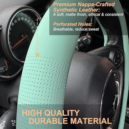 PINCTROT Large Size Nappa Leather Steering Wheel Cover, Slim Fit No Bulk Design, One Piece Leather with Breathable Perforation, Fit Like Gloves, 15.5-15.75 Inch(Nappa Mint) - color: 09.Mint, size: Large Size[15 1/2''-15 3/4'']