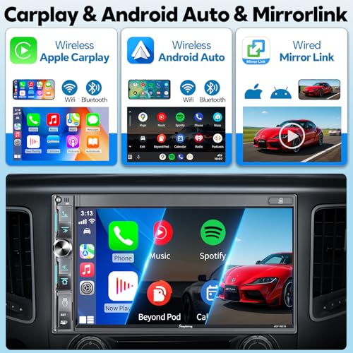 SJoyBring 7" Double Din Car Stereo with Wireless Apple CarPlay & Android Auto, QLED Touchscreen, Bluetooth, Backup Camera, 4.2-CHN Audio, 2 Subwoofer Outputs, AM/FM Car Radio