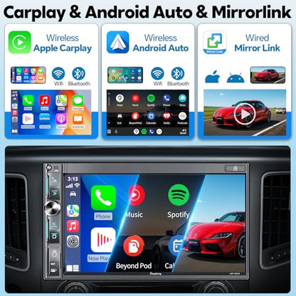 SJoyBring 7" Double Din Car Stereo with Wireless Apple CarPlay & Android Auto, QLED Touchscreen, Bluetooth, Backup Camera, 4.2-CHN Audio, 2 Subwoofer Outputs, AM/FM Car Radio