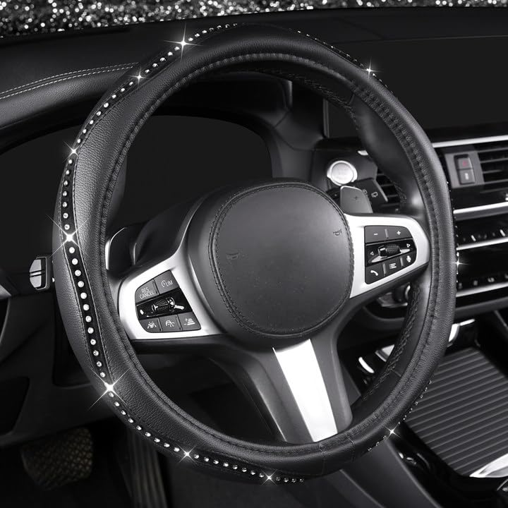 AUTOYOUTH Bling Steering Wheel Cover - Crystal Studded Rhinestone Non-Slip Breathable Design for Women/Girls, Universal Fit 14.5-15 Inch Black - color: BLACK