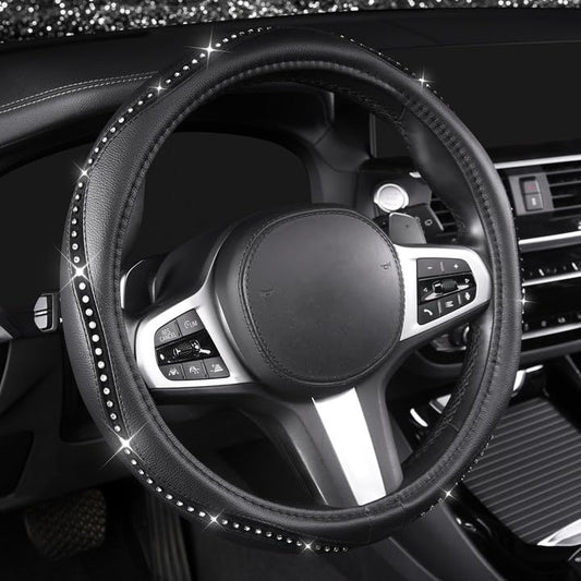 AUTOYOUTH Bling Steering Wheel Cover - Crystal Studded Rhinestone Non-Slip Breathable Design for Women/Girls, Universal Fit 14.5-15 Inch Black - color: BLACK