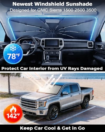 DMJN Umbrella Windshield Sun Shade for GMC Sierra 1500 2500 3500 (2014-2026), Car Sunshade for Front Windshield [Nano Ice-Crystal Coatings] UPF50+ Heat & UV Block, Protect Interior & Keep Cooler - size: For | Gmc Sierra 1500 2500 3500 (2014-2026)