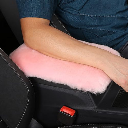 Genuine Sheepskin Center Console Cover Pad Genuine Furry Fluffy Wool Fur Car Armrest Cover Protector Universal Fit for SUV/Truck/Car - color: Shearling-Pink