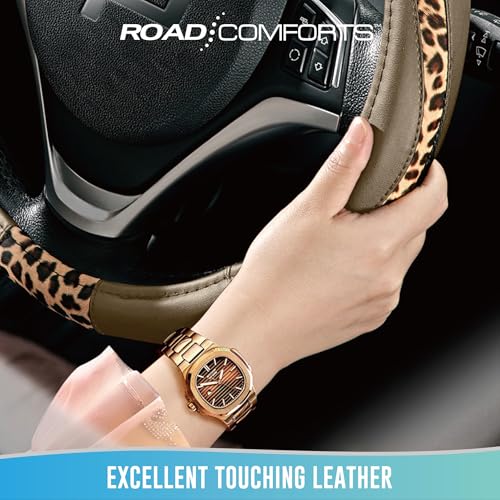 Road Comforts Steering Wheel Cover - Made with PVC Leather and Leopard Fabric - Universal 14 1/2 inches to 15 inches for Most Automotive Steering Wheel - Cheetah Print -Beige - color: Round-Beige