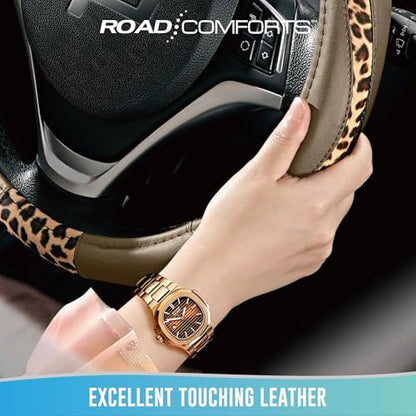 Road Comforts Steering Wheel Cover - Made with PVC Leather and Leopard Fabric - Universal 14 1/2 inches to 15 inches for Most Automotive Steering Wheel - Cheetah Print -Beige - color: Round-Beige