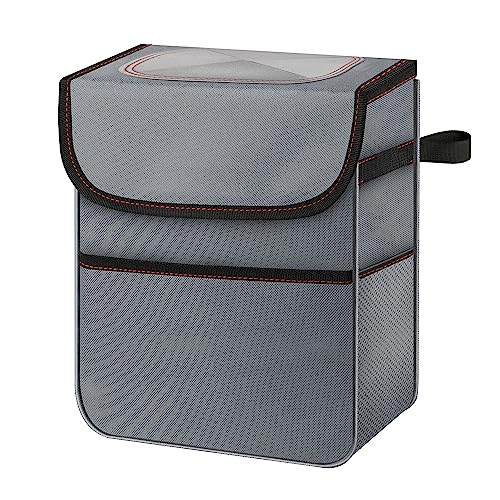 Simple Deluxe Car Trash Can with Lid and Storage Pockets, Multipurpose Garbage Bin with Adjustable Straps, Collapsible and Portable Organizer, 2 Gallon, Grey