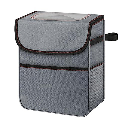 Simple Deluxe Car Trash Can with Lid and Storage Pockets, Multipurpose Garbage Bin with Adjustable Straps, Collapsible and Portable Organizer, 2 Gallon, Grey