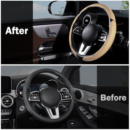 Car Steering Wheel Cover Leather Snap On 3Pcs Set Non-Slip Protector Wrap Steering Wheel Accessories 14.5-15 inch Universal Beige - color: Beige