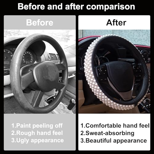 Leather Bling Steering Wheel Cover Women Rhinestone White Soft Comfortable Glitter Sparkly Universal 15 inch Steering Wheel Cover Non-Slip Car Accessories - color: Pearl White