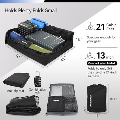MARCHWAY Waterproof Car Roof Luggage Bag, Weatherproof Soft Shell Rooftop Cargo Carrier Bag for Vehicles with or Without Rack. 6 Door Hooks, Anti Slip Mat, Lock Included (21 Cubic Feet, Blue) - size: 21 Cubic Feet, Blue