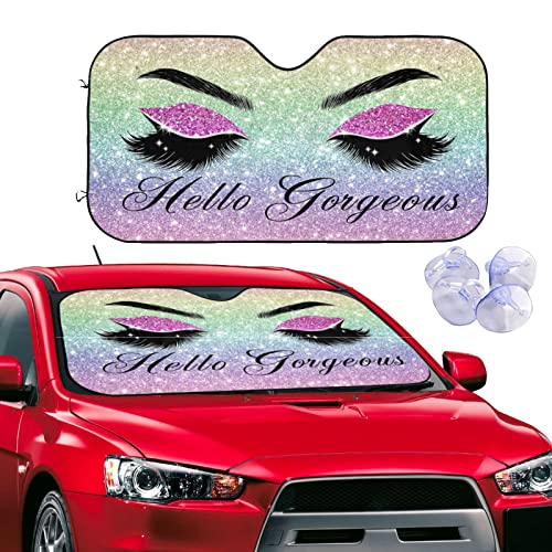 Car Windshield Sun Shade Glittering Purple Eyelash Car Front Sunshade for Most Sedans SUV Truck Auto Sun Blocker Visor Blocks UV Rays Keeps Your Vehicle Cool-55 x 29.9 Inch - color: Hello Gorgeous