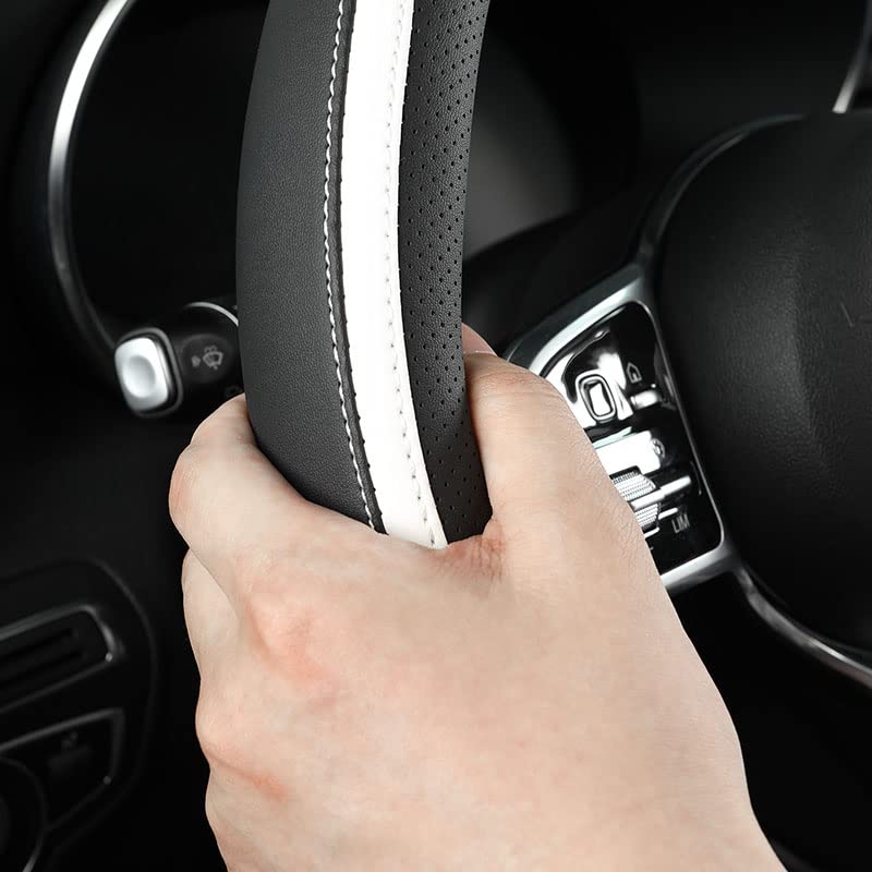 Car Steering Wheel Cover, Leather Steering Wheel Cover White Universal 14.5-15 Inch Microfiber Leather Anti-Slip Breathable Auto Steering Wheel Covers for Men Women(Black & White) - color: White