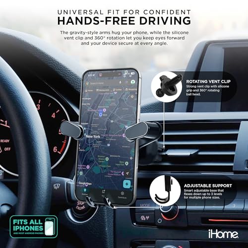 iHome Universal Gravity Air Vent Phone Mount, 360° Rotation, Adjustable Support, Stable Clip