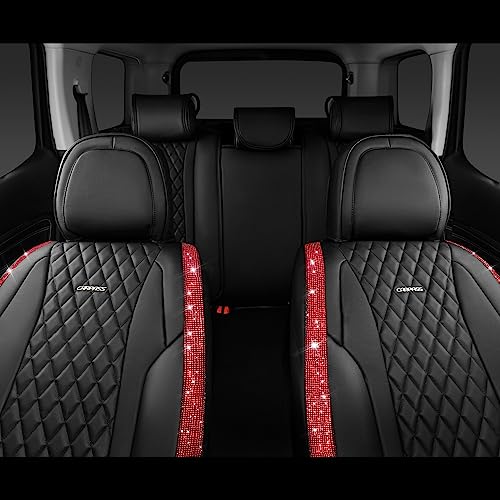 CAR PASS Nappa Leather Bling Diamond Black Red Seat Covers Full Set, Waterproof Calfskin Heavy-Duty Anti-Slip, Universal Fit for 95% Auto SUV Sedan Truck, Glitter Sparkle Shining (Red Rhinestone) - color: Black and Red Diamond, size: Full Set
